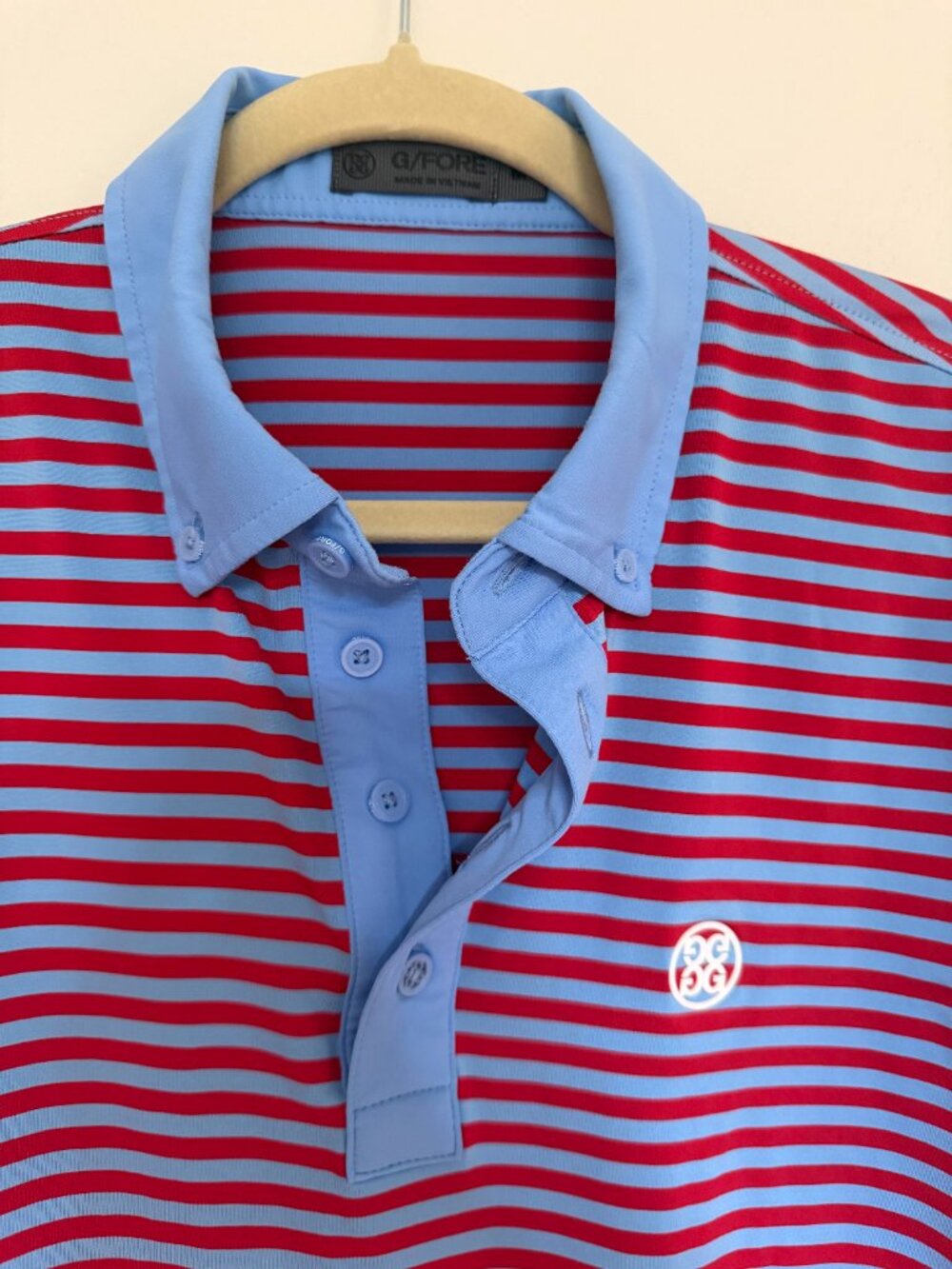 G/FORE Wide Feeder Stripe Golf Polo Shirt Athleisure Preppy Red Blue - Medium - Picture 3 of 5